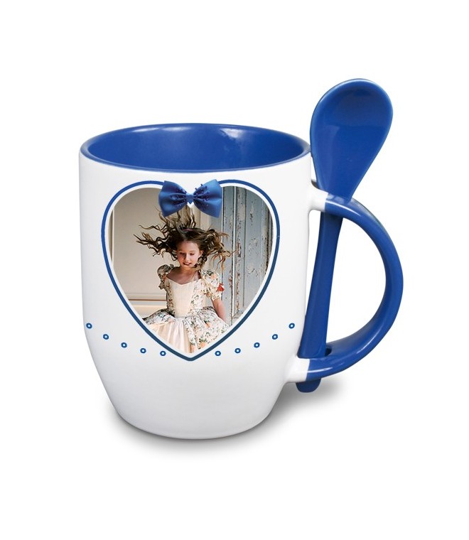 TAZA DE SUBLIMAC. CON INTERIOR, ASA Y CUCHARITA AZULES